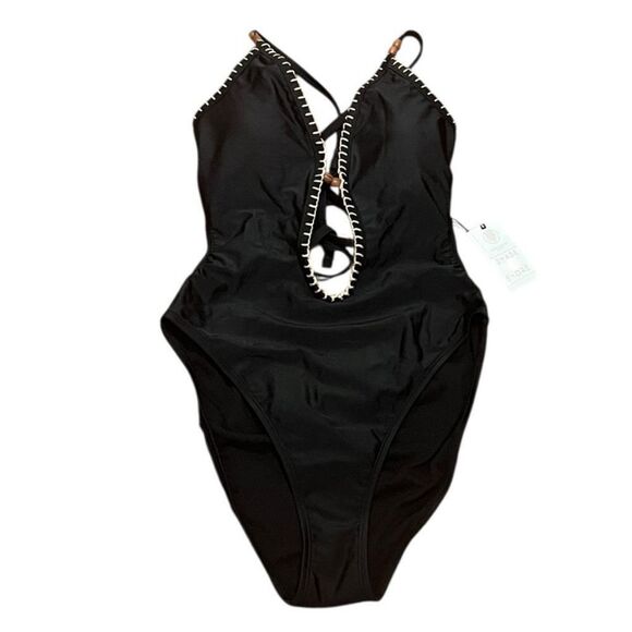 Shade & Shore Black Extra High Leg Bead Detail One Piece Swimsuit, Size S, NWT - Picture 3 of 6